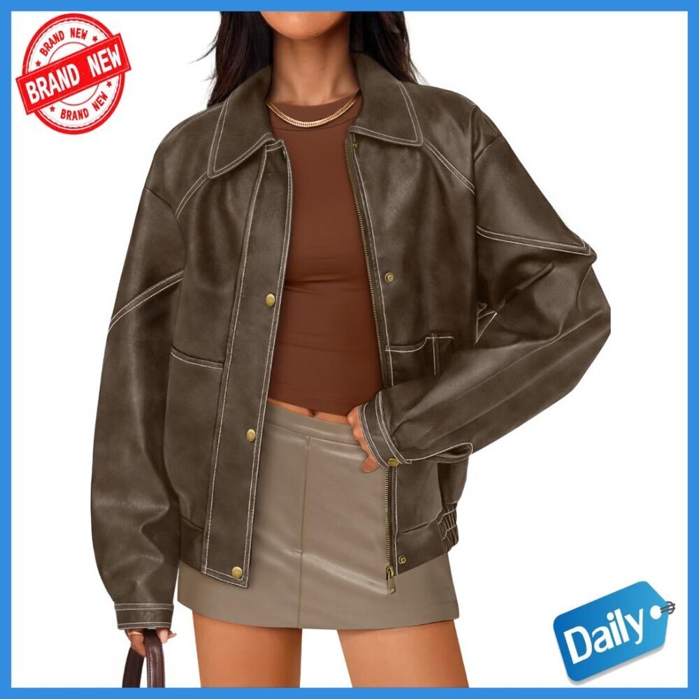 Oversized Faux Leather Jacket Zipper Front Long Sleeve Motorcycle Style